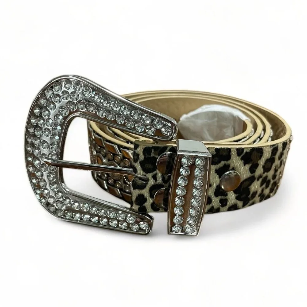 UnFader Leopard Print Rhinestone Buckle Western Belt With Box, New - Picture 2 of 10